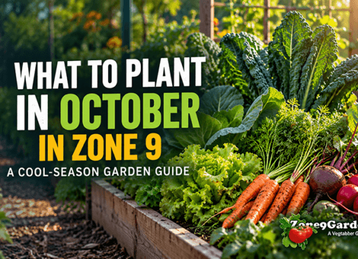 Blog cover for ZoneGarden.com: raised garden bed with greens and carrots; text reads 'What to plant in October in Zone 9 — A cool-season garden guide'