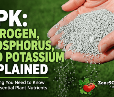 NPK fertilizer granules in hands over grass with text explaining nitrogen, phosphorus, and potassium nutrients for plants.