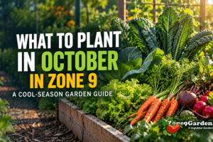 Blog cover for ZoneGarden.com: raised garden bed with greens and carrots; text reads 'What to plant in October in Zone 9 — A cool-season garden guide'