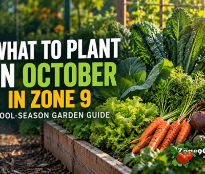 Blog cover for ZoneGarden.com: raised garden bed with greens and carrots; text reads 'What to plant in October in Zone 9 — A cool-season garden guide'