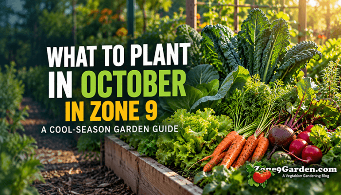 Blog cover for ZoneGarden.com: raised garden bed with greens and carrots; text reads 'What to plant in October in Zone 9 — A cool-season garden guide'