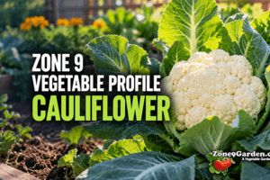 Cauliflower growing in a garden with bold overlay text reading 'ZONE 9 VEGETABLE PROFILE CAULIFLOWER' and a ZoneGarden logo in the corner.
