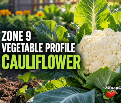 Cauliflower growing in a garden with bold overlay text reading 'ZONE 9 VEGETABLE PROFILE CAULIFLOWER' and a ZoneGarden logo in the corner.