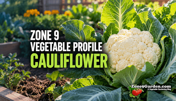 Cauliflower growing in a garden with bold overlay text reading 'ZONE 9 VEGETABLE PROFILE CAULIFLOWER' and a ZoneGarden logo in the corner.