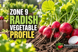 Radishes in soil with green tops and bold text reading Zone 9 Radish Vegetable Profile: informative banner image for a gardening blog.