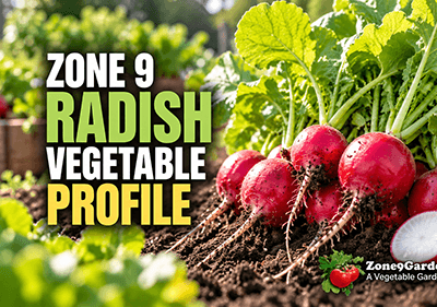 Radishes in soil with green tops and bold text reading Zone 9 Radish Vegetable Profile: informative banner image for a gardening blog.